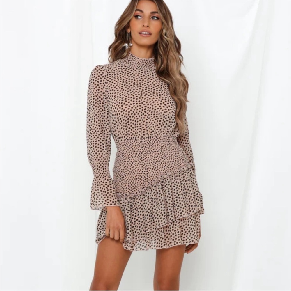 Hello Molly Polka Dot Long Sleeve Dress in Black and Tan